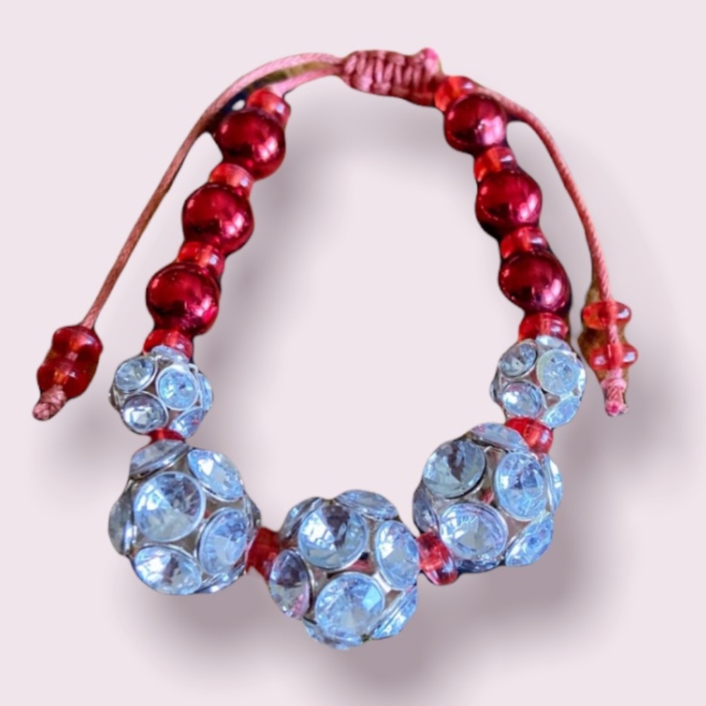 Red & Silver Tone Bead Pave Crystal Ball Bracelet
